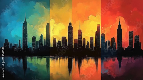 Silhouetted city skyline reflected in water with dramatic color gradient sky transitioning from blue to yellow to orange and red evoking dynamic urban atmosphere