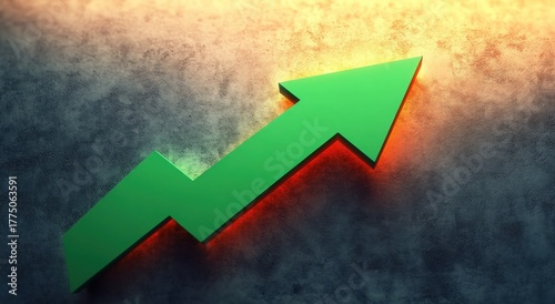 3d green upward trending arrow on a textured surface with warm lighting representing growth and progress