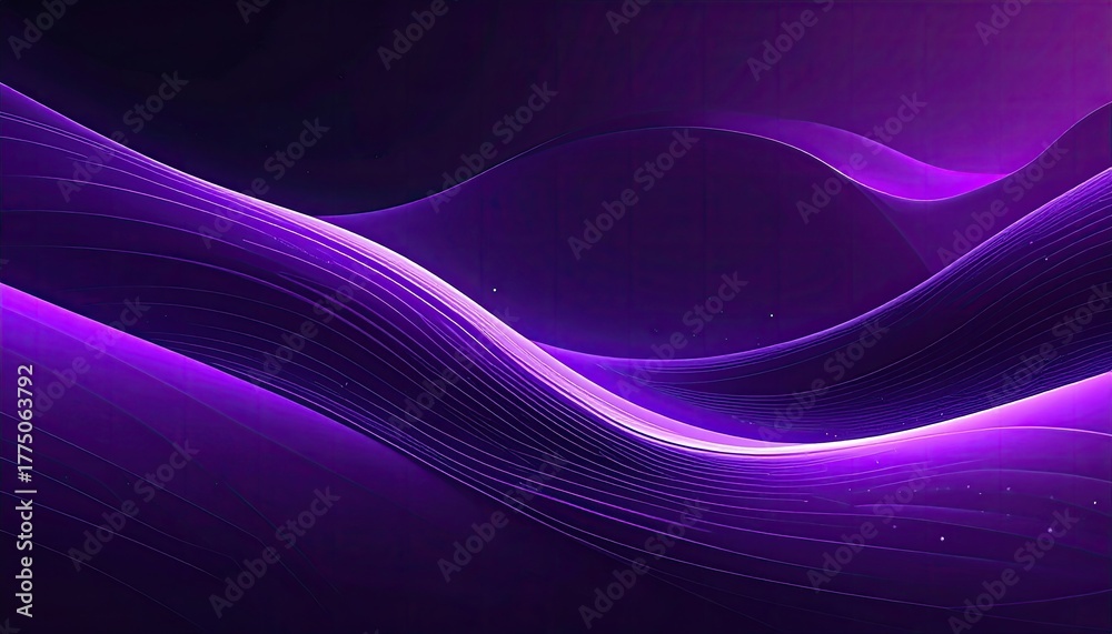Fototapeta premium Abstract flowing waves of light and dots in shades of purple and violet against a dark background with subtle illuminated particles creating a sense of depth and motion