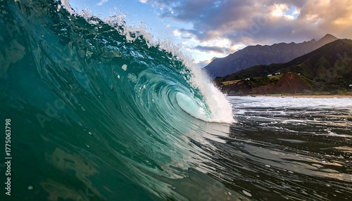 Fototapeta Naklejka Na Ścianę i Meble -  A clear emerald wave curls, cresting and breaking near a coast and mountains