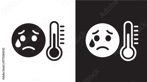 Sad face with a tear and thermometer icon flat vector illustration for weather forecast or health concept isolated on white and black background