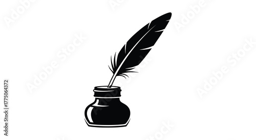 Classic black silhouette of a quill pen resting in a small inkwell on a white background