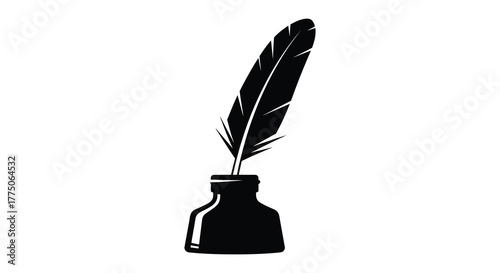 Silhouette of a quill pen standing upright in a black inkwell on a white background