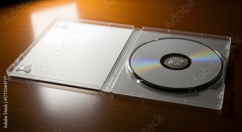 An open transparent jewel case holding a blank compact disc on a polished wooden surface, representing digital data storage and media