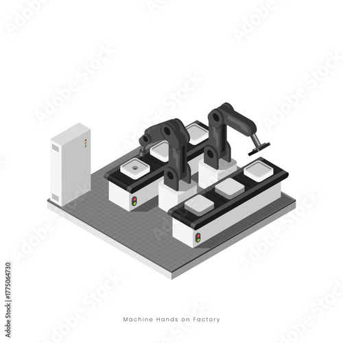Robotic arms automated in box manufacturer  modern factory, packaging box assembly line machines and printing shapes on products. Industry isometric vector illustration