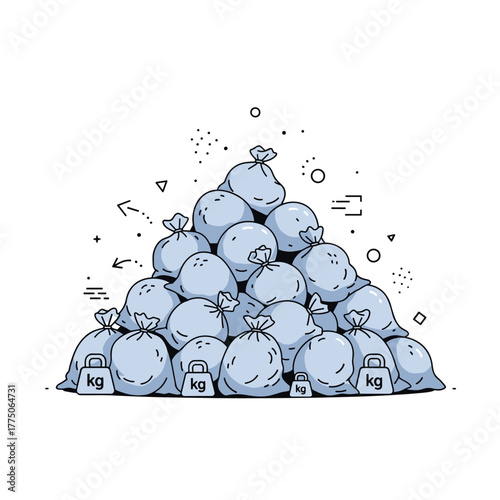 Illustration of a large pile of blue trash bags with weight indicators.