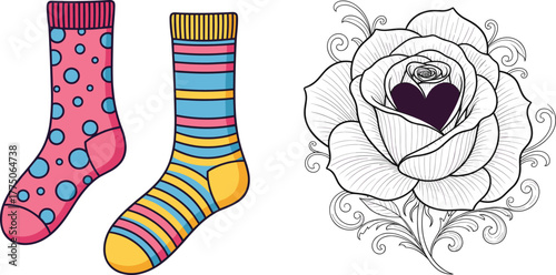 Odd Pairing Collection: Bright Cartoon Socks and Detailed Floral Rose Engraving Set
