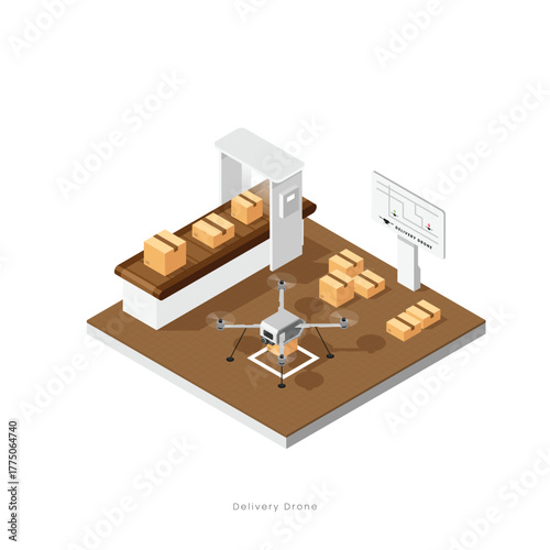 Drone delivery service logistics solution in modern warehouse, remote and fast shipping express, air transportation innovation. Logistic isometric vector illustration