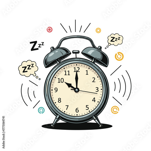 Alarm clock ringing loudly, waking someone up from sleep with Zzz symbols.