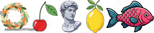 Eclectic Pop Art Collection: Wreath, Cherry, David Bust, Lemon, and Cartoon Fish Set