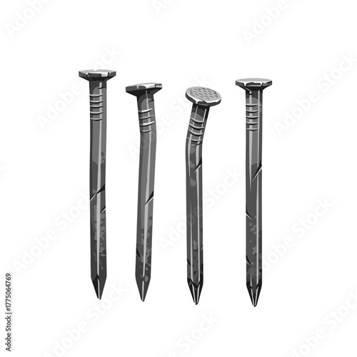 Four realistic metal nails shown from the front, some are bent and cracked.