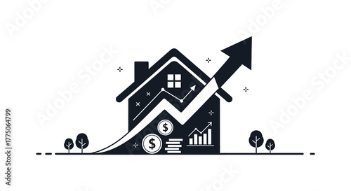 Conceptual illustration of a house silhouette with an upward trending arrow and financial graph symbolizing real estate market growth and investment success