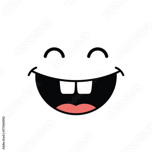 A cartoon face with a big smile, two front teeth, and happy closed eyes.