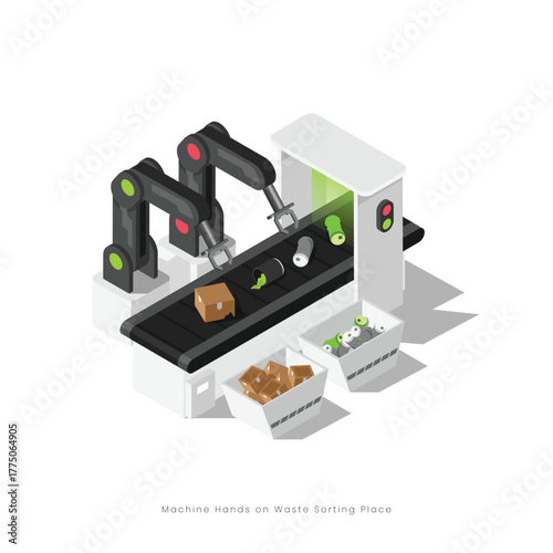 Isometric illustration sorting different types waste management with robot arm on conveyor belt in modern waste recycling industrial facility