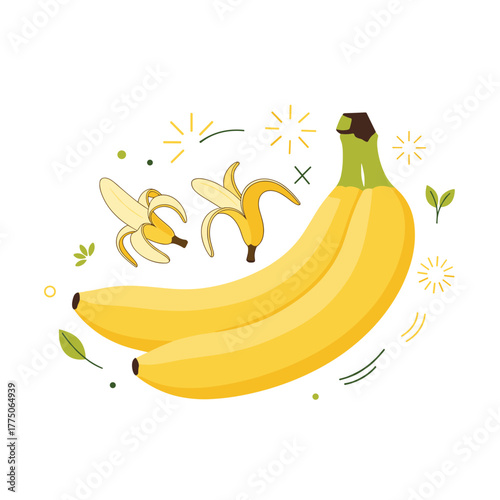 Illustration of two ripe yellow bananas with two partially peeled bananas and decorative elements.