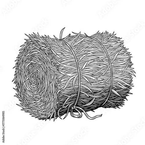 Black and white illustration of a round hay bale tied with twine.