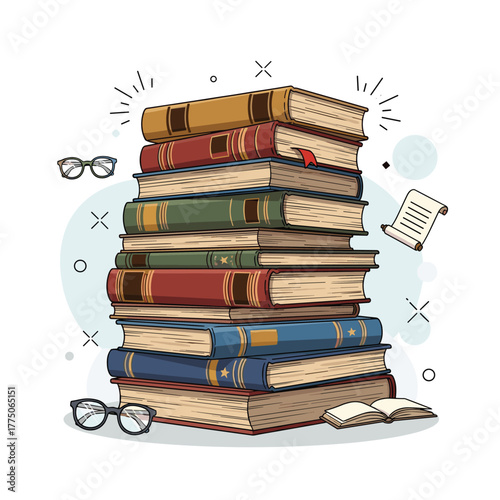 A tall stack of colorful books with a pair of glasses and a scroll nearby.