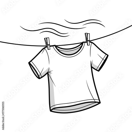 Black and white illustration of a white t-shirt drying on a clothesline with clothespins.