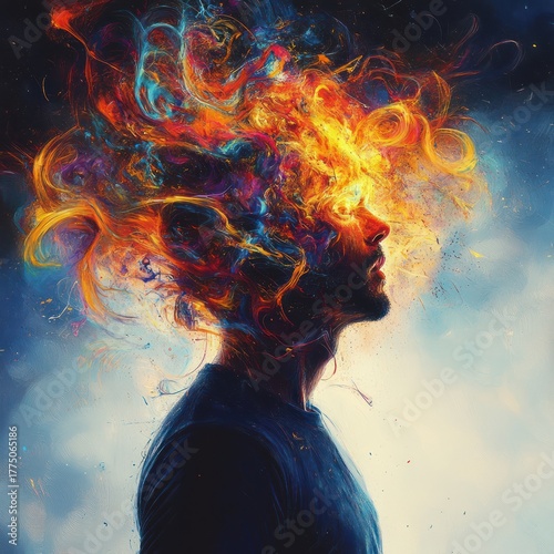 Silhouette of a person in profile with vibrant swirling fiery colors resembling flames and energy around the head against a soft cloudy background