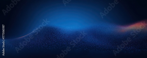 Abstract digital landscape with flowing wave patterns formed by glowing blue and orange dots on a dark background, evoking a sense of depth and motion