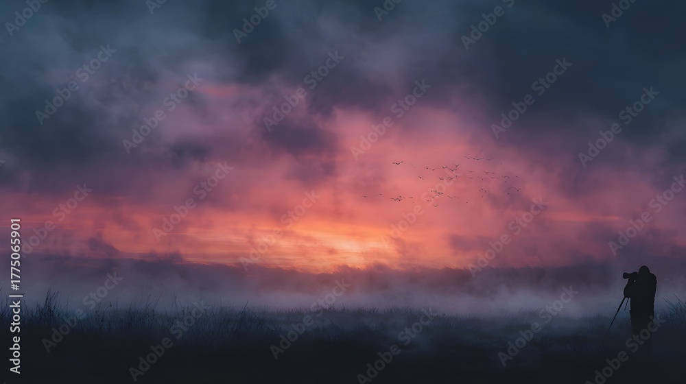 Obraz premium A lone photographer captures a misty sunrise over a grassy field with birds flying in the colorful sky
