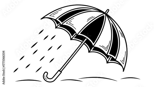 Illustration of a black and white umbrella with raindrops falling down on a rainy day weather scene