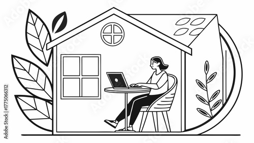 Woman working on laptop inside house with leaves and circular window in black and white outline style