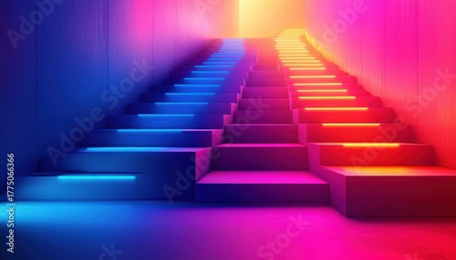 Modern staircase ascending with vibrant gradient lighting in shades of blue, purple, pink, orange, and yellow creating a futuristic and dynamic atmosphere