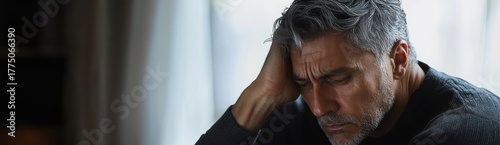 Sad middle-aged man with gray hair and beard resting head on hand with eyes closed, showing deep thought or worry in a softly lit indoor setting