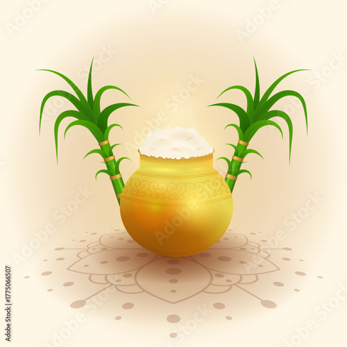 Indian Happy Pongal festival illustration with golden pot, sugarcane and rangoli. Ethnic Tamilnadu celebration of harvest, traditional hindu culture, agriculture holiday. Vector illustration