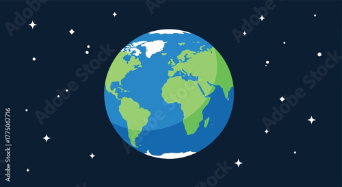 Stylized illustration of planet earth with continents and oceans floating in a dark starry night sky