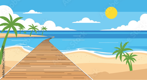Wooden boardwalk leading to a tropical beach with palm trees and ocean under a sunny sky