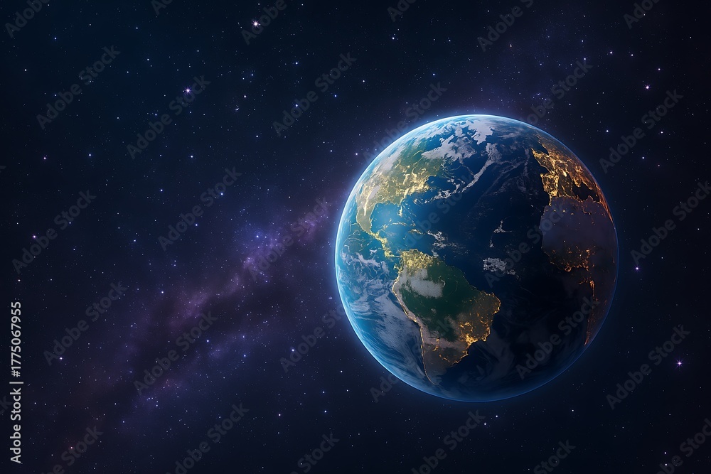 Naklejka premium Earth from space with city lights visible on the night side, set against a backdrop of stars and a nebula.