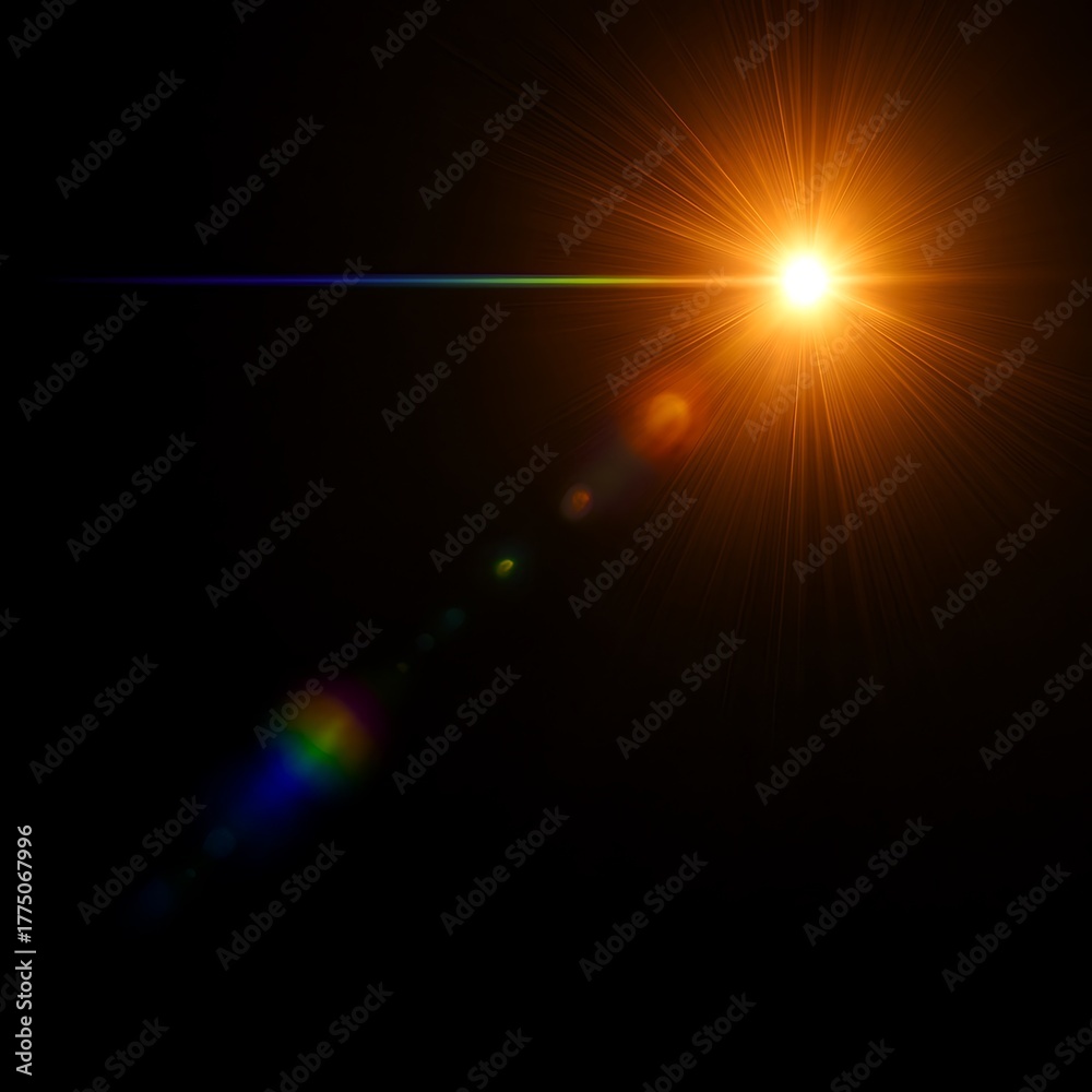 Fototapeta premium Bright orange light flare with rainbow effect on a black background.