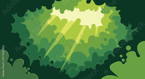 Sunlight streaming through the dense green leaves of a lush forest canopy