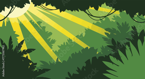 Sunlight beams piercing through dense green jungle foliage creating a mystical and vibrant forest atmosphere