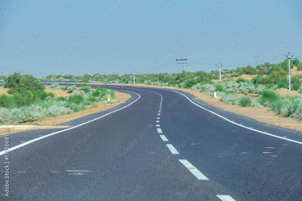 Fototapeta premium Road through the desert between Jaisalmer and Tanot, near Jaisalmer India.