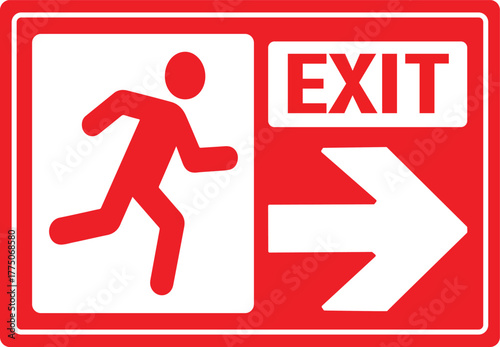 Red emergency exit sign with a running person pictogram and a white arrow pointing down, indicating the escape route.