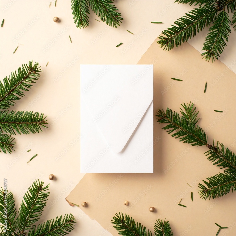 Fototapeta premium Festive pine branches arranged on a neutral background for holiday decoration or crafting projects