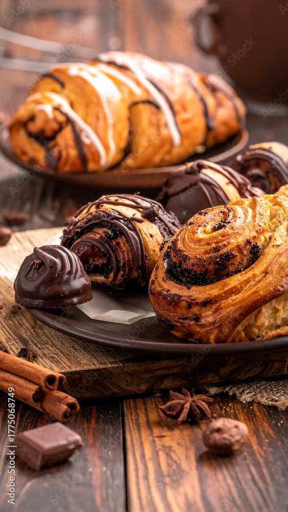Fototapeta premium Assortment of baked goods on a rustic wooden board with spice and chocolate accents