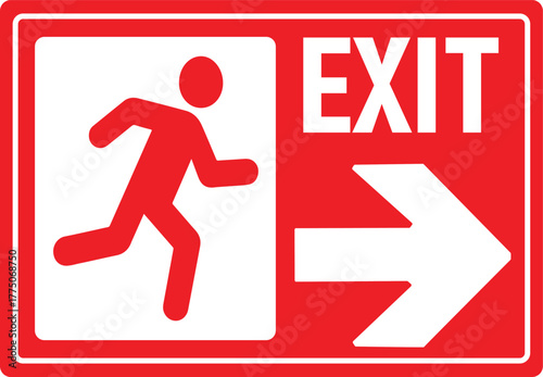 Red emergency exit sign with a running person pictogram and a white arrow pointing down, indicating the escape route.