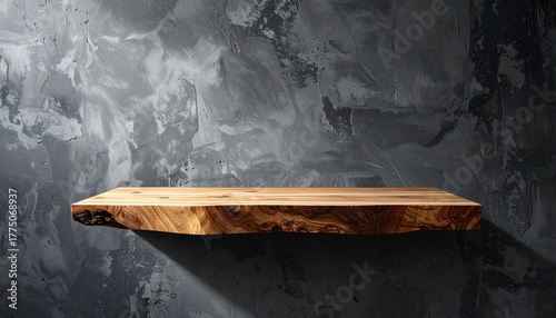 Minimalist Wooden Shelf on a Textured Gray Wall with Dramatic Lighting