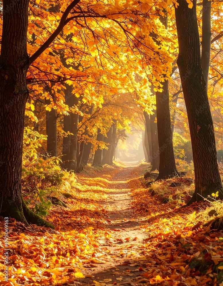 Fototapeta premium Golden Path - A Serene Autumn Forest Scene with Sunlight.