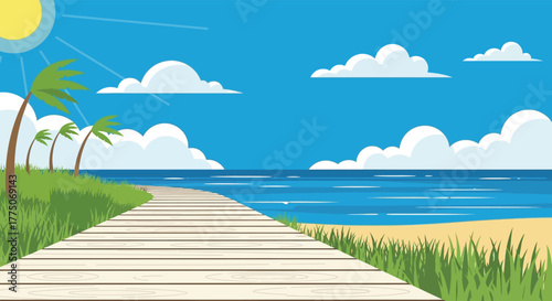 Wooden boardwalk leads to a sunny tropical beach with palm trees and blue ocean waves