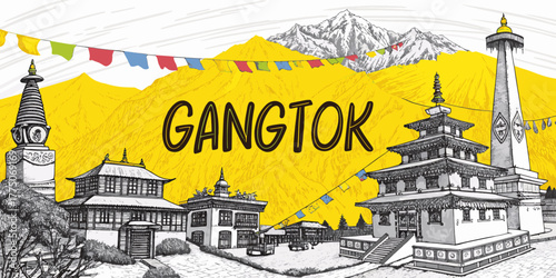 Gangtok Skyline Sketch with Cultural Touch – Hand-Drawn Line Art Featuring Rumtek Monastery, MG Marg, Hanuman Tok and Himalayan Mountains for Sikkim Tourism Use