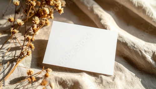 Blank card with dried flowers on a textured fabric backdrop for elegant presentation