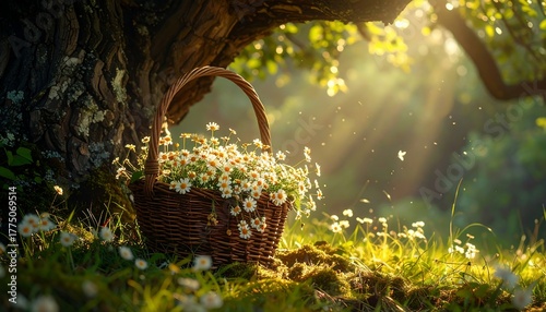 Fototapeta Naklejka Na Ścianę i Meble -  A woven basket brimming with flowers in a sunlit meadow, under a large tree