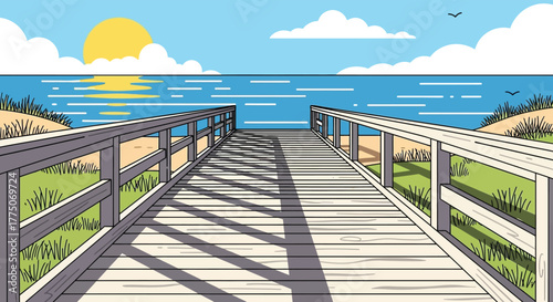 Wooden boardwalk leading to the ocean with a bright sun and blue sky on a beautiful summer day