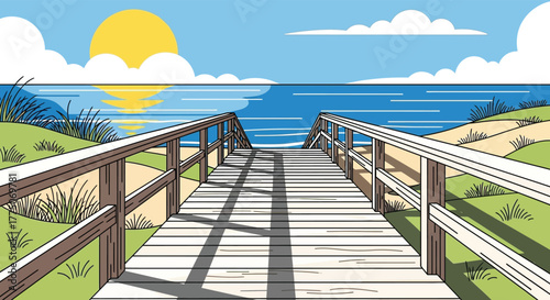 Wooden boardwalk leading to a beautiful sandy beach with calm ocean water and a bright sun on a clear day