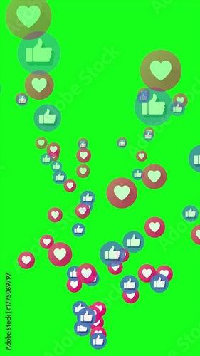 Social media reaction icons animation on green screen. Floating like and heart symbols rising upward, creating engaging, interactive, and vibrant notification-style visual